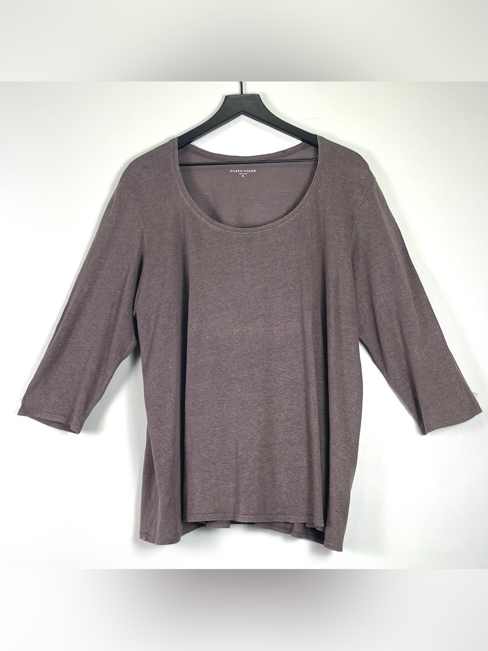 EILEEN FISHER 100% Linen Tunic Top 3/4 Sleeve Round Neck Gray Brown Size X-Large